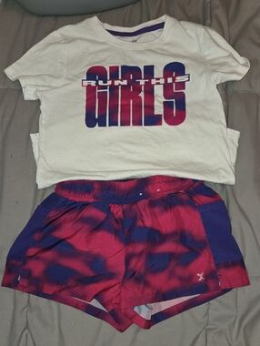 Xersion Girls White T-Shirt and Pink Purple Tie-Dye Shorts Set